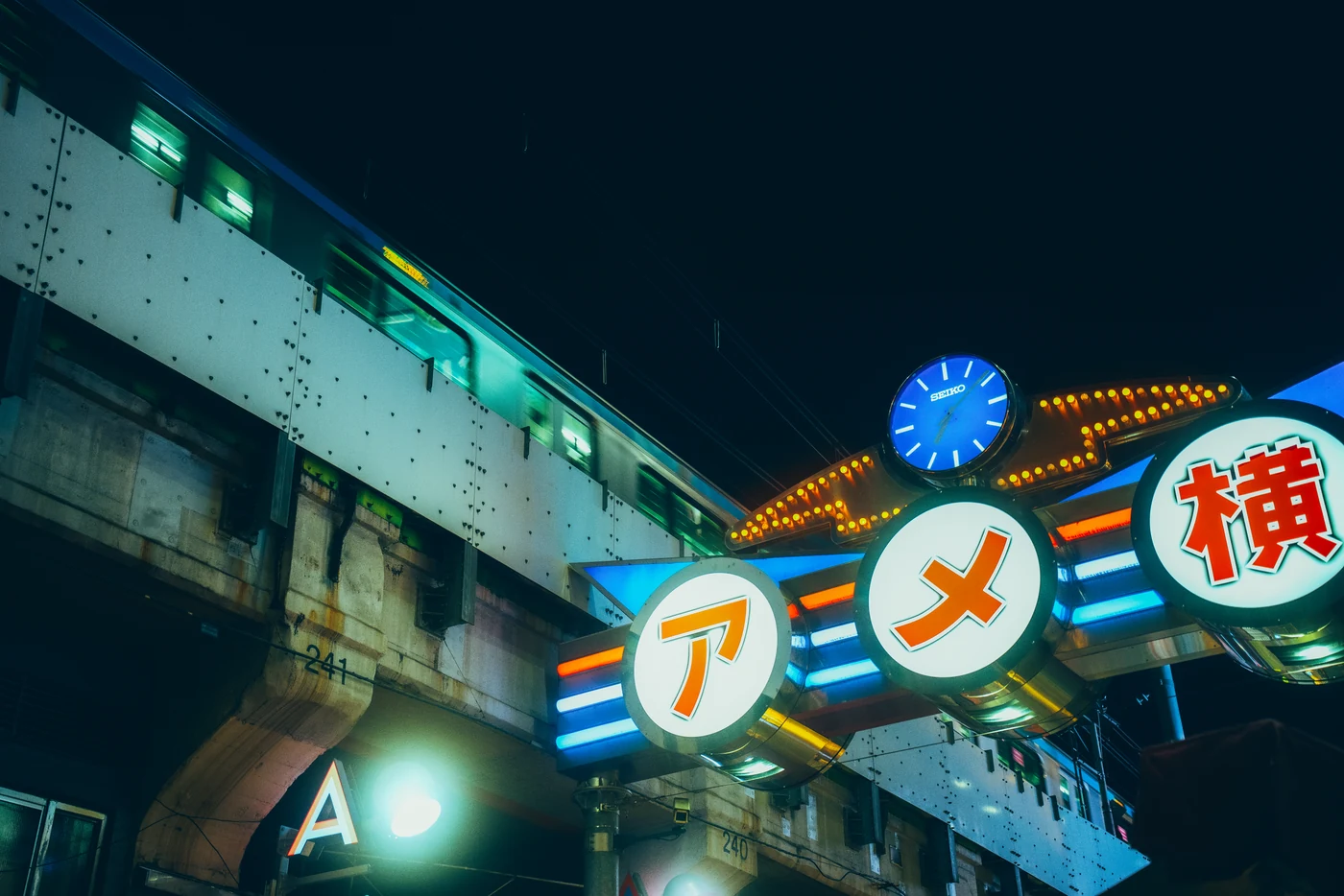 Neon signage beneath the railway in Tokyo at night